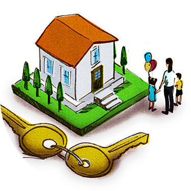 Illustration of a set of house keys next to a house, signifying access to capital like home mortgages