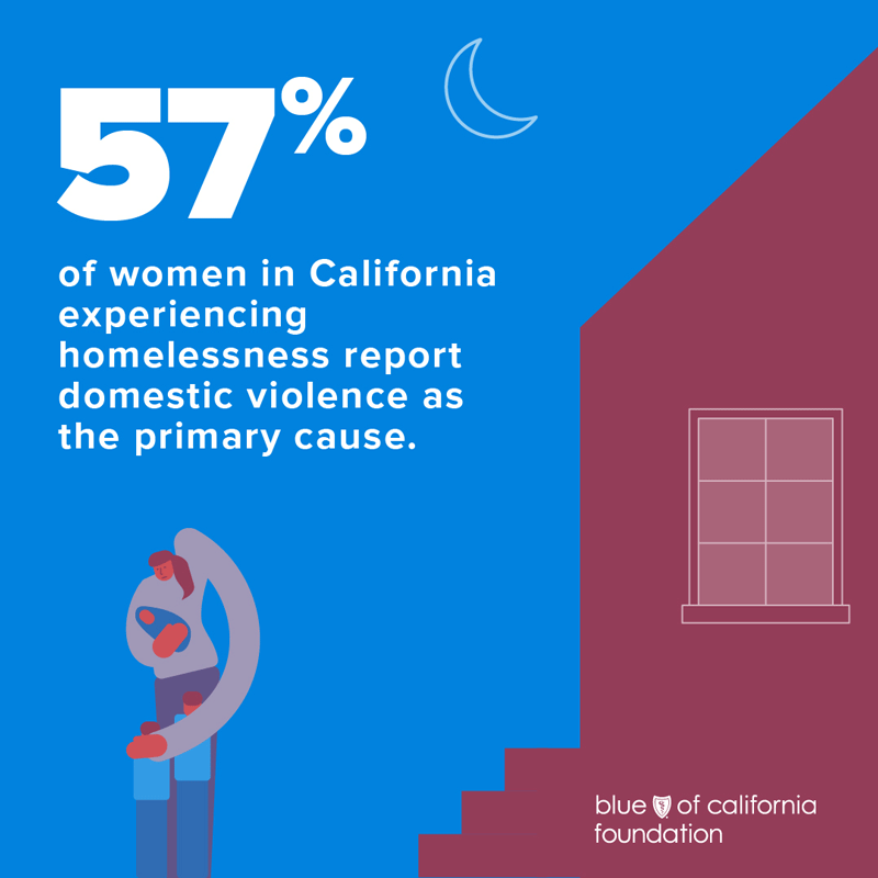 Graphic reads: 57% of women in California experiencing homelessness report domestic violence as the primary cause.