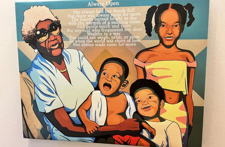 A picture of a painting at the carefest exhibit showing a Black grandmother-figure and her grandchildren