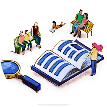 Illustration shows a magnifying glass and community members consulting a large book