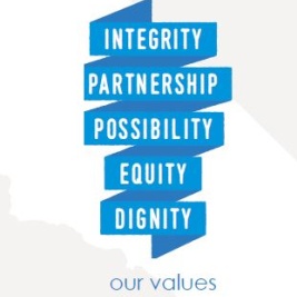 A banner reads Integrity, Partnership, Possibility, Equity, Dignity - Our Values